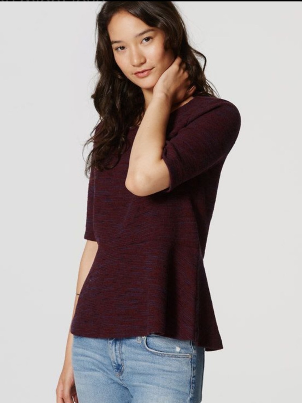 LOFT Women’s Burgundy Wine Navy Knit Peplum Top Size Medium